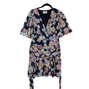 Tanya Taylor Floral Wrap Dress Navy Blue Multicolor Short Sleeve Size 10 Womens